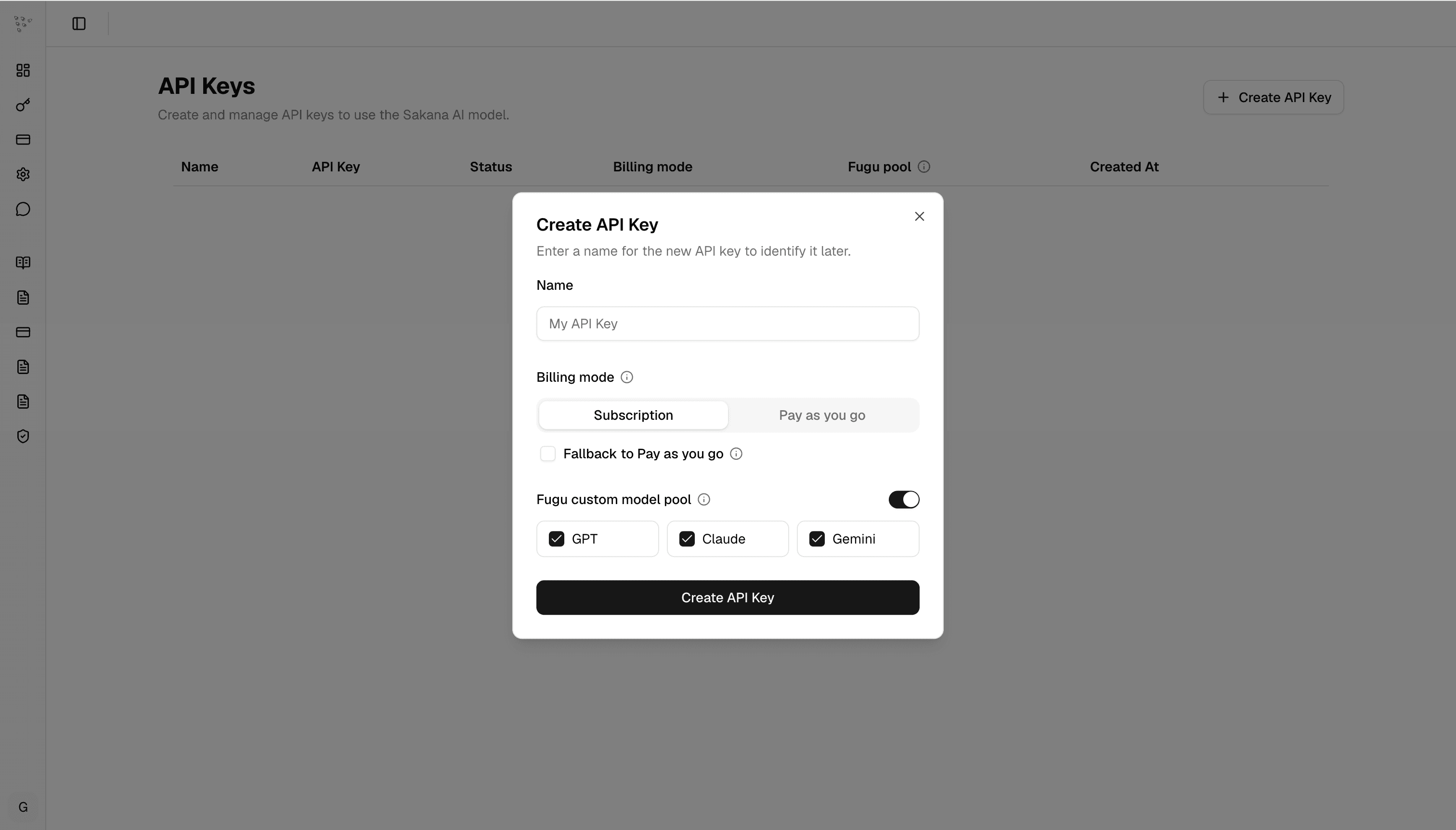 Create API key dialog with Fugu custom model pool enabled